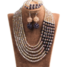 Fabuleux Multi Layer Bijoux Perles de Cristal Costume africaine Champagne & Violet Set (collier, bracelet et boucles d'oreilles)