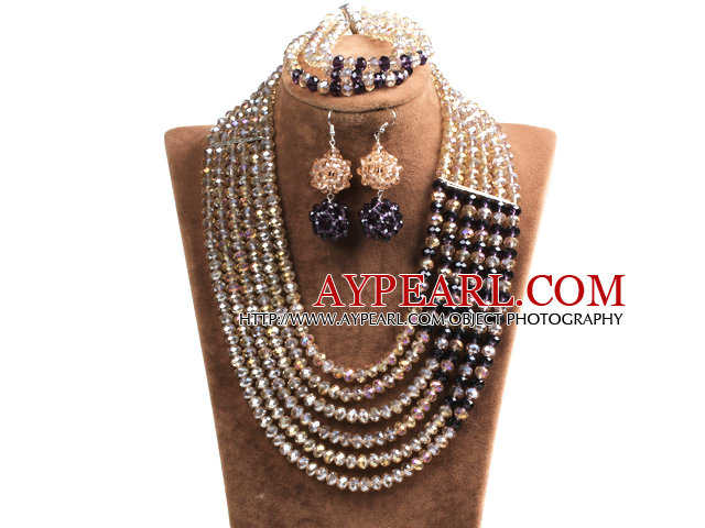 Fabulous Multi Layer Champagne & Purple Crystal Beads African Costume Jewelry Set (Necklace, Bracelet & Earrings)