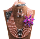 Chic Style Multi Layer Pink & Silver Crystal Beads African Wedding Jewelry Set With Statement Crystal Flower (Necklace, Bracelet & Earrings)