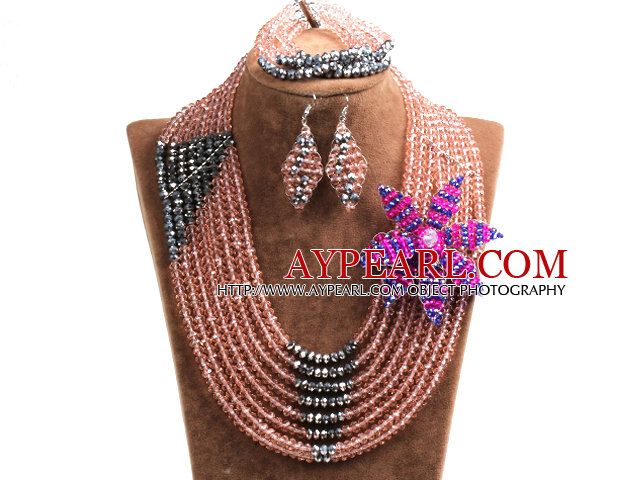 Chic Style Multi Layer Pink & Silver Crystal Beads African Wedding Jewelry Set With Statement Crystal Flower (Necklace, Bracelet & Earrings)