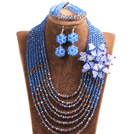 Popular Style Multi Layer Blue & Brown Crystal Beads African Wedding Jewelry Set with Statement Crystal Flower (Necklace, Bracelet & Earrings)