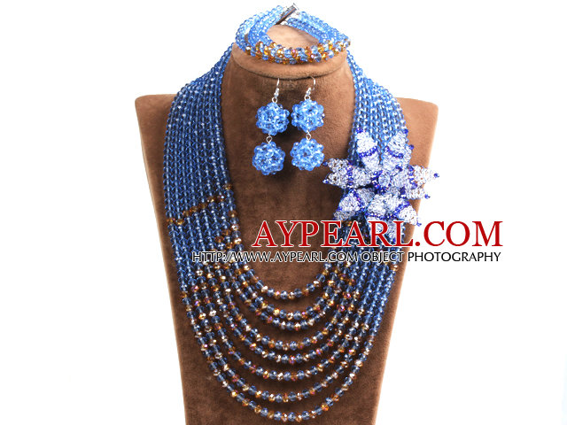 Popular Style Multi Layer Blue & Brown Crystal Beads African Wedding Jewelry Set with Statement Crystal Flower (Necklace, Bracelet & Earrings)