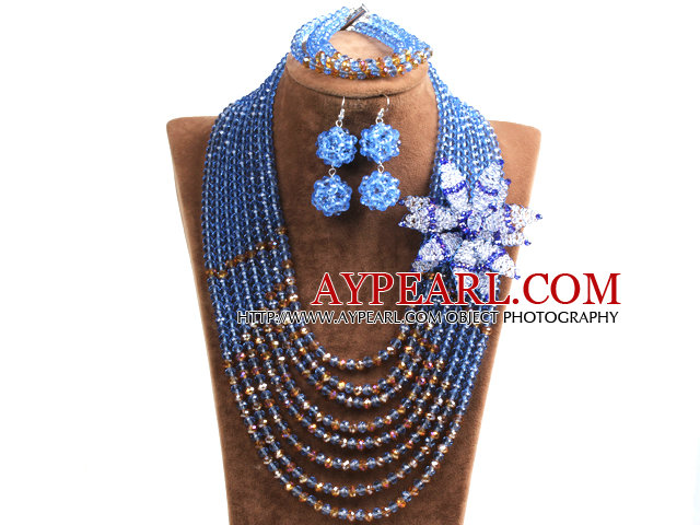 Popular Style Multi Layer Blue & Brown Crystal Beads African Wedding Jewelry Set with Statement Crystal Flower (Necklace, Bracelet & Earrings)