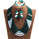 Stil popular Multi Layer Dark Green & White Crystal african de nunta Bijuterii (colier, bratara si cercei)