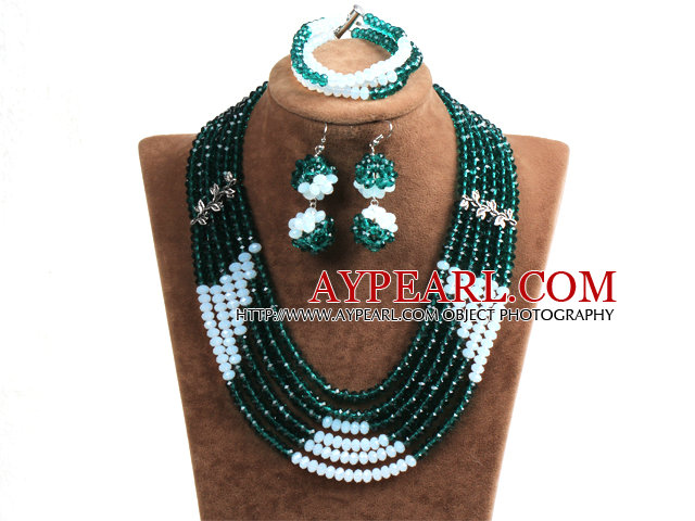 Popular Style Multi Layer Dark Green & White Crystal African Wedding Jewelry (Necklace, Bracelet & Earrings)