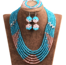 Popular Style Multi Layer Bright Blue & Pink Crystal African Wedding Jewelry (Necklace, Bracelet & Earrings)