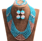 Populära Style Multi Layer Bright Blue & Pink Crystal afrikanska bröllop smycken (halsband, armband och örhängen)