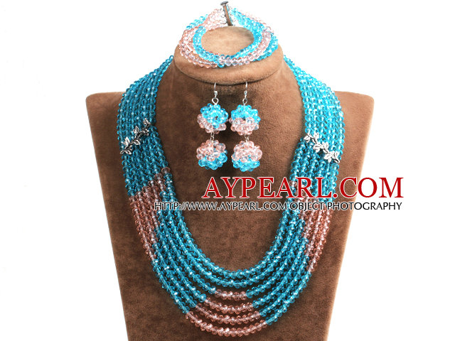 Popular Style Multi Layer Bright Blue & Pink Crystal African Wedding Jewelry (Necklace, Bracelet & Earrings)