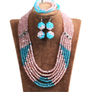 Popular Style Multi Layer Bright Pink & Blue Crystal African Wedding Jewelry (Necklace, Bracelet & Earrings)