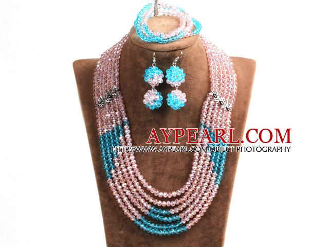 Populær stil Multi Layer Bright Pink & Blue Crystal afrikansk bryllup smykker (halskjede, armbånd og øredobber)