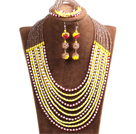 Mode Brillant 10 Row Yellow Red White & Brown Perles de Cristal africaine bijoux de mariage (collier, bracelet et boucles d'oreilles)