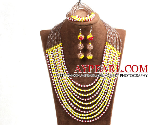 Mode Brillant 10 Row Yellow Red White & Brown Perles de Cristal africaine bijoux de mariage (collier, bracelet et boucles d'oreilles)