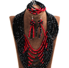 Splendid 8-Row Black & Red kristall pärlor afrikansk Bröllop Smycken Set (Halsband, armband & örhängen)