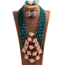 Fabulous Multi Layer Pink Crystal Ball Lake Green Crystal Beads Costume Jewelry Set (Necklace, Bracelet & Earrings)