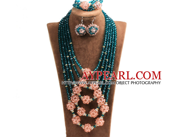 Fabulous Multi Layer Pink Crystal Ball  Lake Green Crystal Beads Costume Jewelry Set (Necklace, Bracelet & Earrings)
