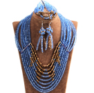 Splendid 8-Row Blue & Golden Crystal Beads African Wedding Jewelry Set (Necklace, Bracelet & Earrings)