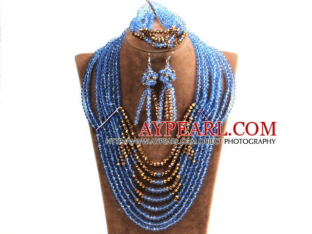 Splendid 8-Reihe Blue & Goldene Kristall-Korn-afrikanische Hochzeits-Schmuck-Set (Halskette, Armband und Ohrringe)