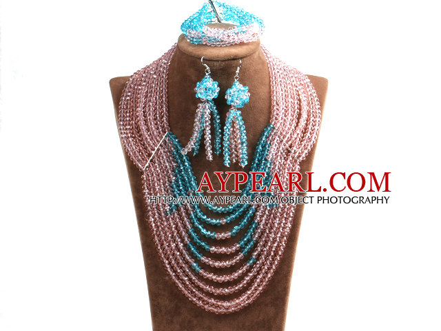 Splendid 8-Row Pink & Blue Crystal Beads African Wedding Jewelry Set (Necklace, Bracelet & Earrings)