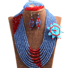 Chic Stil Multi Layer Blue & Red Kristall-Perlen afrikanischen Hochzeit Schmuck-Set mit Statement-Kristallblumen (Halskette, Armband und Ohrringe)