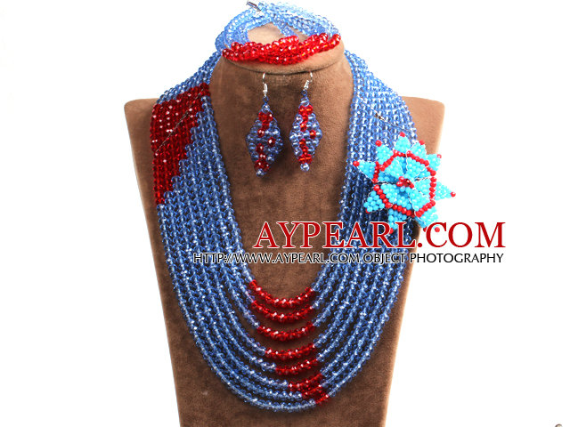 Chic Stil Multi Layer Blue & Red Kristall-Perlen afrikanischen Hochzeit Schmuck-Set mit Statement-Kristallblumen (Halskette, Armband und Ohrringe)