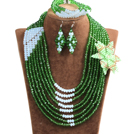 Chic Stil Multi Layer Green & White Crystal Beads afrikanischen Hochzeit Schmuck-Set mit Statement-Kristallblumen (Halskette, Armband und Ohrringe)