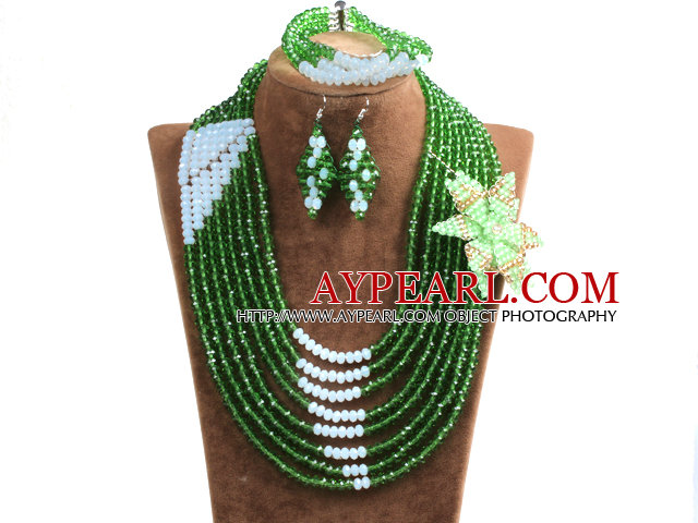Chic Style Multi Layer Green & White Crystal Beads African Wedding Jewelry Set With Statement Crystal Flower (Necklace, Bracelet & Earrings)