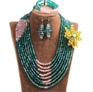 Chic Style Multi Layer Dark Green & Pink Crystal Beads African Wedding Jewelry Set With Statement Crystal Flower (Necklace, Bracelet & Earrings)