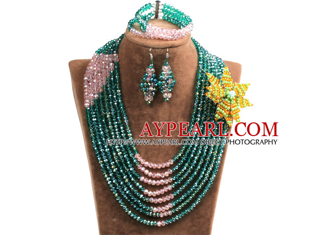 Chic Style Multi Layer Dark Green & Pink Crystal Beads African Wedding Jewelry Set With Statement Crystal Flower (Necklace, Bracelet & Earrings)