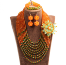 Popular Style Multi Layer Orange & Green Crystal Beads African Wedding Jewelry Set with Statement Crystal Flower (Necklace, Bracelet & Earrings)