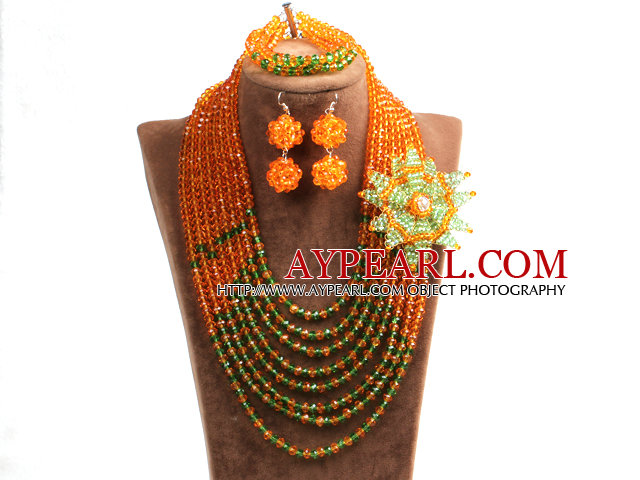 Popular Style Multi Layer Orange & Green Crystal Beads African Wedding Jewelry Set with Statement Crystal Flower (Necklace, Bracelet & Earrings)