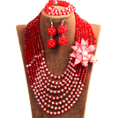 Populäre Art Multi Layer Red & White Kristall-Perlen afrikanischen Hochzeit Schmuck-Set mit Statement-Kristallblumen (Halskette, Armband und Ohrringe)
