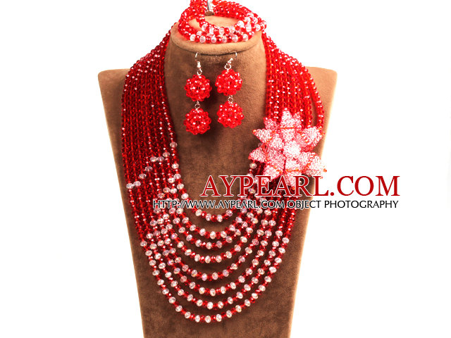 Popular Style Multi-Couches perles rouges et blanc cristal africaine mariage bijoux Set avec Déclaration fleur de cristal (collier, bracelet et boucles d'oreilles)