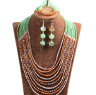 Fashion Shining 10-Row Orange Green Pink & Silver Crystal Beads African Wedding Jewelry Set (Necklace, Bracelet & Earrings)