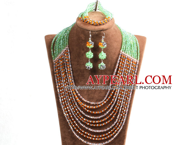 Fashion Shining 10-Row Orange Green Pink & Silver Crystal Beads African Wedding Jewelry Set (Necklace, Bracelet & Earrings)