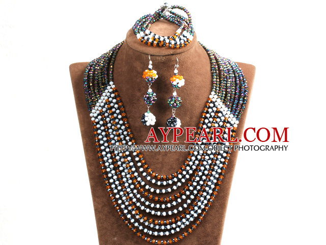 Fashion Shining 10-Row Orange Black White & Purple Crystal Beads African Wedding Jewelry Set (Necklace, Bracelet & Earrings)