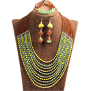 Mode Brillant 10 Row Jaune Brun Vert & Argent Perles de Cristal africaine bijoux de mariage (collier, bracelet et boucles d'oreilles)