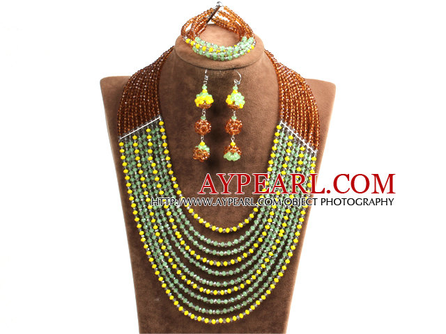 Fashion Shining 10-Row Yellow Brown Green & Silver Crystal Beads African Wedding Jewelry Set (Necklace, Bracelet & Earrings)