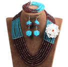 Fashion Multi Layer Sky Blue & Brown Crystal Beads African Wedding Jewelry Set with Statement Crystal Flower (Necklace, Bracelet & Earrings)