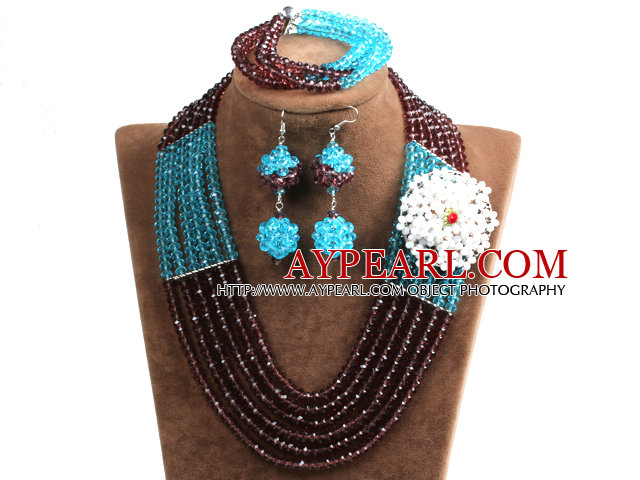 Mode Multi-Couches perles de cristal Sky Blue & Brown africaine mariage bijoux Set avec Déclaration fleur de cristal (collier, bracelet et boucles d'oreilles)