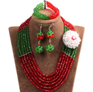 Fashion Multi Layer Red & Green Crystal Beads African Wedding Jewelry Set with Statement Crystal Flower (Necklace, Bracelet & Earrings)