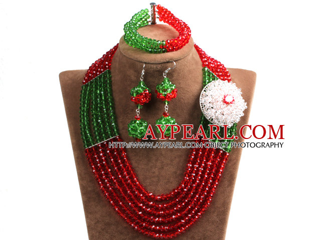 Fashion Multi Layer Red & Green Crystal Beads African Wedding Jewelry Set with Statement Crystal Flower (Necklace, Bracelet & Earrings)