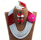 Fashion Multi Layer White & Red Crystal Beads African Wedding Jewelry Set with Statement Crystal Flower (Necklace, Bracelet & Earrings)