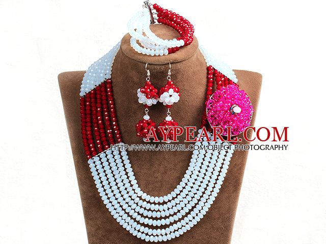 Fashion Multi Layer White & Red Crystal Beads African Wedding Jewelry Set with Statement Crystal Flower (Necklace, Bracelet & Earrings)