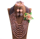 Classic Style Multi Layer Pink & Purple Crystal Beads African Wedding Jewelry Set With Statement Crystal Flower (Necklace, Bracelet & Earrings)