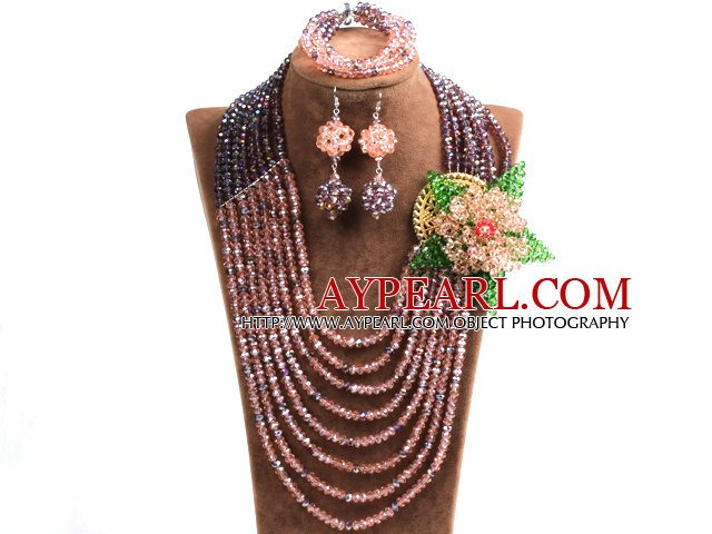 Classic Style Multi Layer Pink & Purple Crystal Beads African Wedding Jewelry Set With Statement Crystal Flower (Necklace, Bracelet & Earrings)