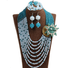 Classic Style Multi Layer Blue & White Crystal Beads African Wedding Jewelry Set With Statement Crystal Flower (Necklace, Bracelet & Earrings)