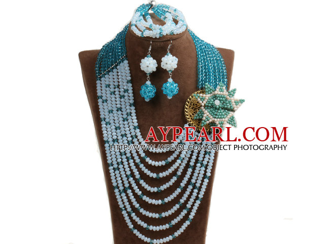 Classic Style Multi Layer Blue & White Crystal Beads African Wedding Jewelry Set With Statement Crystal Flower (Necklace, Bracelet & Earrings)