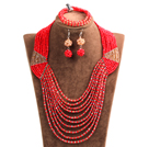 Special Design Terrific Red & Brown Crystal Beads African Wedding Jewelry Set (Necklace, Bracelet & Earrings)