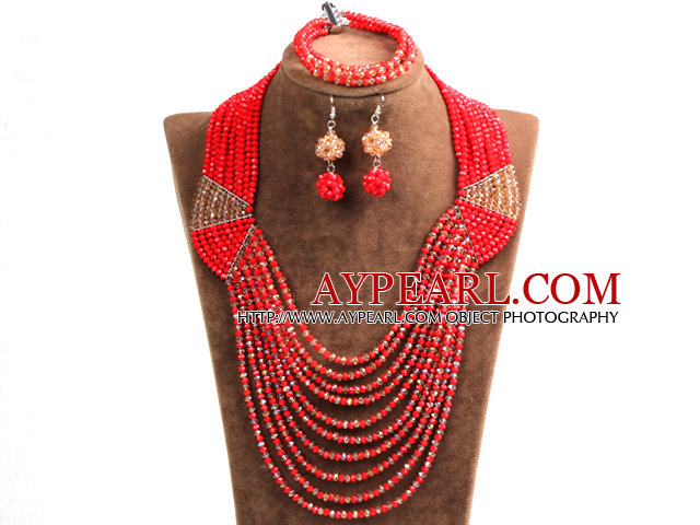 Ειδικός Σχεδιασμός καταπληκτική Red & Brown κρύσταλλο σφαιρίδια Αφρικής Κοσμήματα Γάμου Σετ (κολιέ, βραχιόλι και σκουλαρίκια)