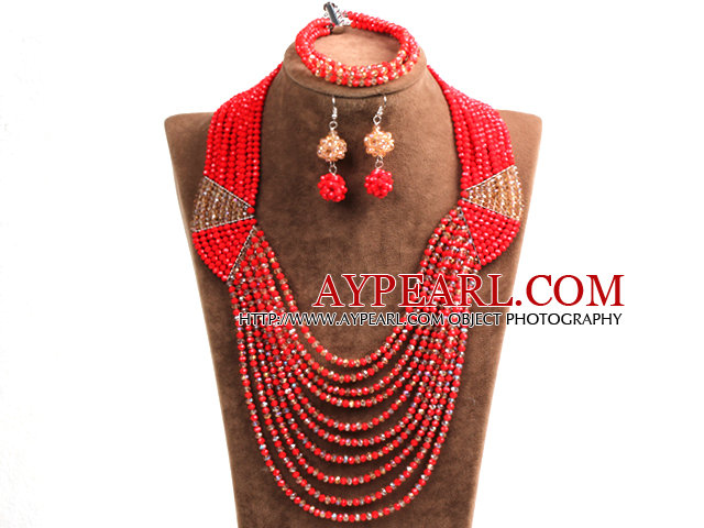 Special Design Terrific Red & Brown Crystal Beads African Wedding Jewelry Set (Necklace, Bracelet & Earrings)